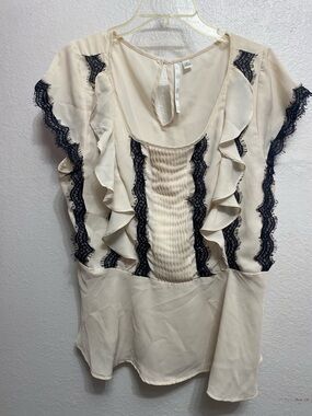 LC Lauren Conrad Black Lace Trim Ruffled Sleeves Cream Blouse XL